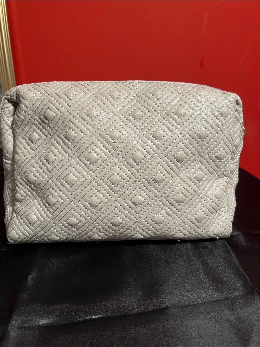 Vince Camuto Quilted Cream Makeup Pouch with Gold Logo